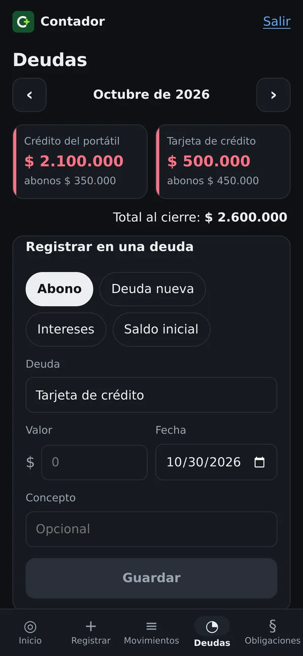 Deudas en el celular: saldo de cada deuda, abonos y total al cierre
