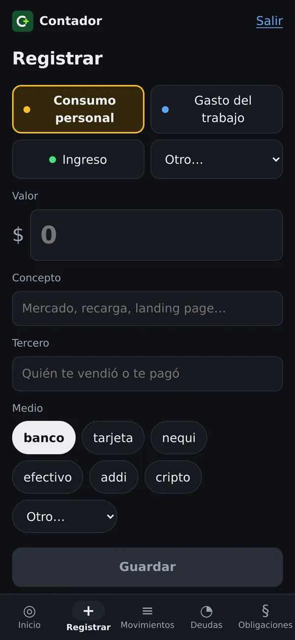 Registrar: tipo de movimiento, valor, concepto, tercero y medio de pago
