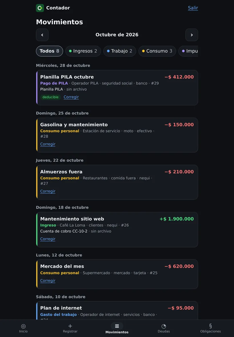 Movimientos del mes en la tablet, filtrados por ingresos, trabajo y consumo